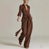 Stylish High-Waisted Long Sleeve Wide-Leg Button-Up Shirt and Pants Set