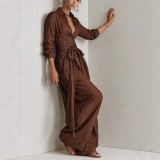 Stylish High-Waisted Long Sleeve Wide-Leg Button-Up Shirt and Pants Set
