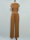 Knit Casual Sleeveless Round Neck Fitted Crop Top and Wide-Leg Pants Set