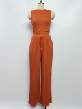 Knit Casual Sleeveless Round Neck Fitted Crop Top and Wide-Leg Pants Set