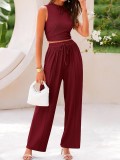 Knit Casual Sleeveless Round Neck Fitted Crop Top and Wide-Leg Pants Set