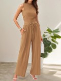 Knit Casual Sleeveless Round Neck Fitted Crop Top and Wide-Leg Pants Set