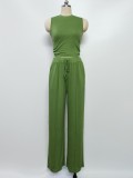 Knit Casual Sleeveless Round Neck Fitted Crop Top and Wide-Leg Pants Set