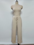 Knit Casual Sleeveless Round Neck Fitted Crop Top and Wide-Leg Pants Set