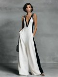 Trendy Sleeveless V-Neck Color Block Wide Leg Jumpsuit for Women
