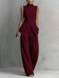 Elegant Draped Cotton-Linen Sleeveless Shirt and Long Pants Set
