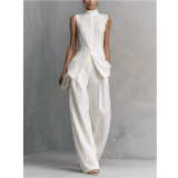 Elegant Draped Cotton-Linen Sleeveless Shirt and Long Pants Set