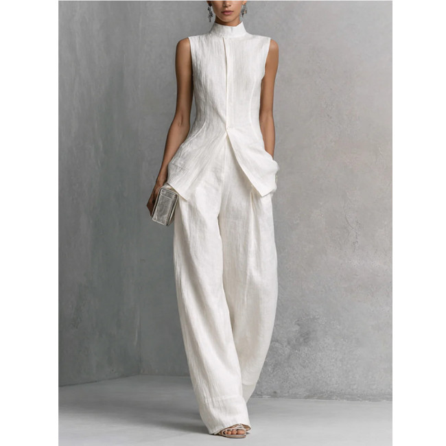 Elegant Draped Cotton-Linen Sleeveless Shirt and Long Pants Set