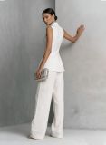 Elegant Draped Cotton-Linen Sleeveless Shirt and Long Pants Set