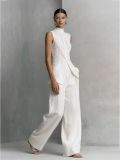 Elegant Draped Cotton-Linen Sleeveless Shirt and Long Pants Set