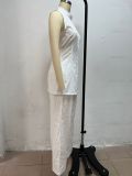 Elegant Draped Cotton-Linen Sleeveless Shirt and Long Pants Set