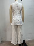 Elegant Draped Cotton-Linen Sleeveless Shirt and Long Pants Set