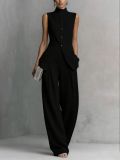 Elegant Draped Cotton-Linen Sleeveless Shirt and Long Pants Set