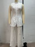 Elegant Draped Cotton-Linen Sleeveless Shirt and Long Pants Set