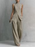 Elegant Draped Cotton-Linen Sleeveless Shirt and Long Pants Set
