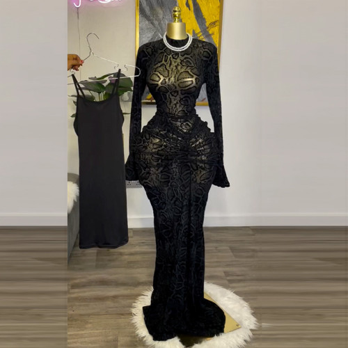 Elegant High-Neck Mesh Long Sleeve High-Waisted Bodycon Midi Skirt