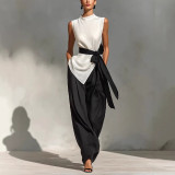 Tie-Front Sleeveless Tencel Linen Top + Wide-Leg Pants 2-Piece Set
