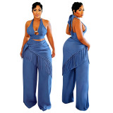 Halter Neck Top with Fringe and Woven Straight-Leg Pants Set