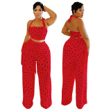 Polka Dot Print Halter Neck Backless Fringe Pantsuit Set