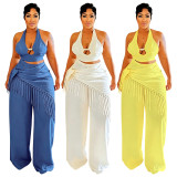 Halter Neck Top with Fringe and Woven Straight-Leg Pants Set