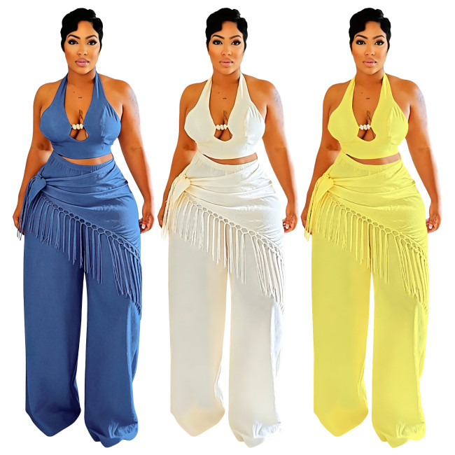 Halter Neck Top with Fringe and Woven Straight-Leg Pants Set