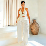 Halter Neck Top with Fringe and Woven Straight-Leg Pants Set