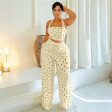 Polka Dot Print Halter Neck Backless Fringe Pantsuit Set