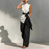 Tie-Front Sleeveless Tencel Linen Top + Wide-Leg Pants 2-Piece Set