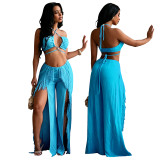 Sexy Wrap Top with Fringe and Split Leg Pants Two-Piece Set