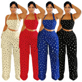 Polka Dot Print Halter Neck Backless Fringe Pantsuit Set