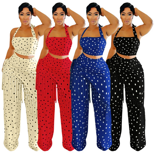 Polka Dot Print Halter Neck Backless Fringe Pantsuit Set