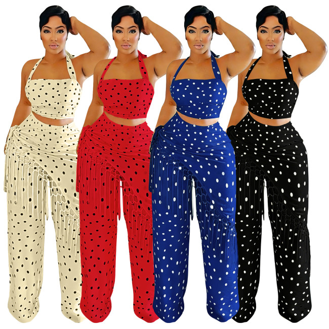 Polka Dot Print Halter Neck Backless Fringe Pantsuit Set
