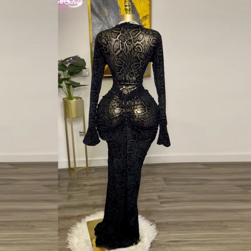 Elegant High-Neck Mesh Long Sleeve High-Waisted Bodycon Midi Skirt
