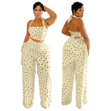 Polka Dot Print Halter Neck Backless Fringe Pantsuit Set