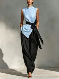 Tie-Front Sleeveless Tencel Linen Top + Wide-Leg Pants 2-Piece Set