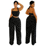 Polka Dot Print Halter Neck Backless Fringe Pantsuit Set