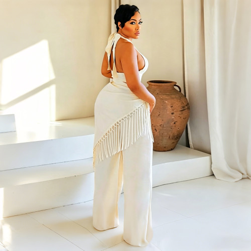 Halter Neck Top with Fringe and Woven Straight-Leg Pants Set