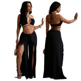 Sexy Wrap Top with Fringe and Split Leg Pants Two-Piece Set