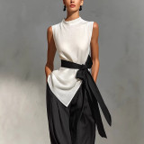 Tie-Front Sleeveless Tencel Linen Top + Wide-Leg Pants 2-Piece Set