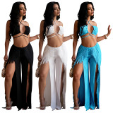 Sexy Wrap Top with Fringe and Split Leg Pants Two-Piece Set