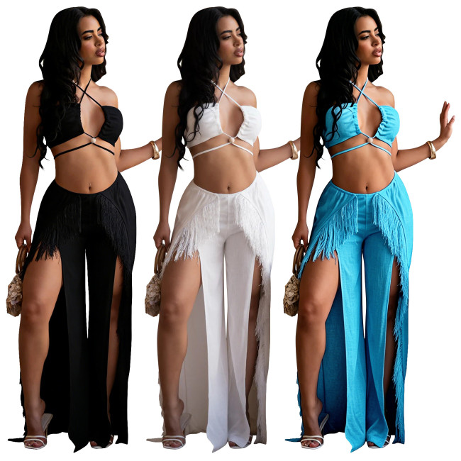 Sexy Wrap Top with Fringe and Split Leg Pants Two-Piece Set