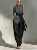 Tie-Front Sleeveless Tencel Linen Top + Wide-Leg Pants 2-Piece Set