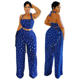 Polka Dot Print Halter Neck Backless Fringe Pantsuit Set