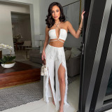 Sexy Wrap Top with Fringe and Split Leg Pants Two-Piece Set
