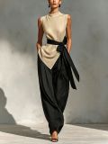 Tie-Front Sleeveless Tencel Linen Top + Wide-Leg Pants 2-Piece Set