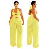 Halter Neck Top with Fringe and Woven Straight-Leg Pants Set