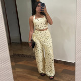 Polka Dot Print Halter Neck Backless Fringe Pantsuit Set