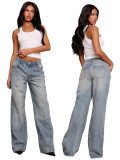 High-Waisted Straight Leg Denim Pants with Beaded Design for Women