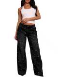 High-Waisted Straight Leg Denim Pants with Beaded Design for Women