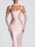 Chic Slim-Fit Solid Color Dress with Neck Scarf